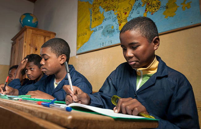 Boys studying at the St. Joseph's College of Ambohidratrimo. The Ankizy Gasy Foundation supports children to access to education and development.