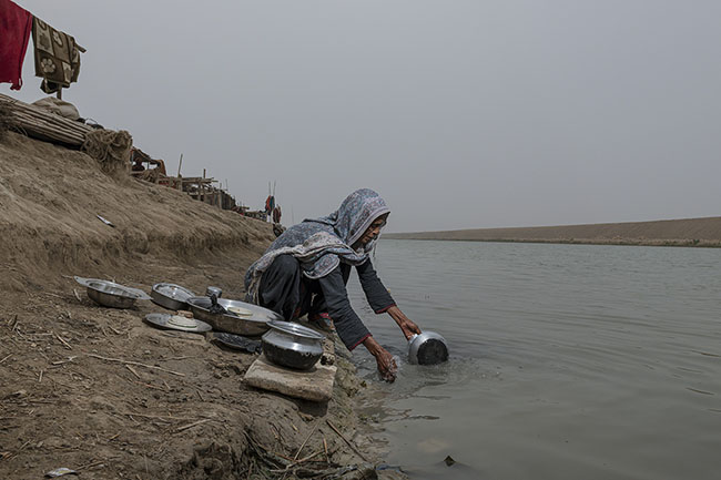 Hira washes her cooking utensils in the murky waters of the Right Bank Outfall Drain (RBOD). Potable water, too precious, is reserved solely for drinking and meal preparation.