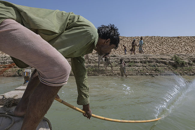 With a long bamboo pole, a Mohana fisherman strikes the surface of the water, attempting to guide the fish toward the stretched nets.